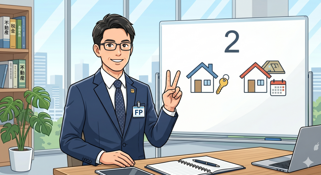 不動産購入時に税金がかかるタイミングは取得時と保有時の2つであることを伝える男性 FP