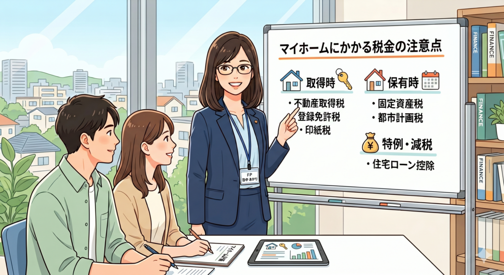 マイホームにかかる税金についての3つの注意点を説明する FP とそれを熱心に聞くマイホーム購入を検討中のご夫婦