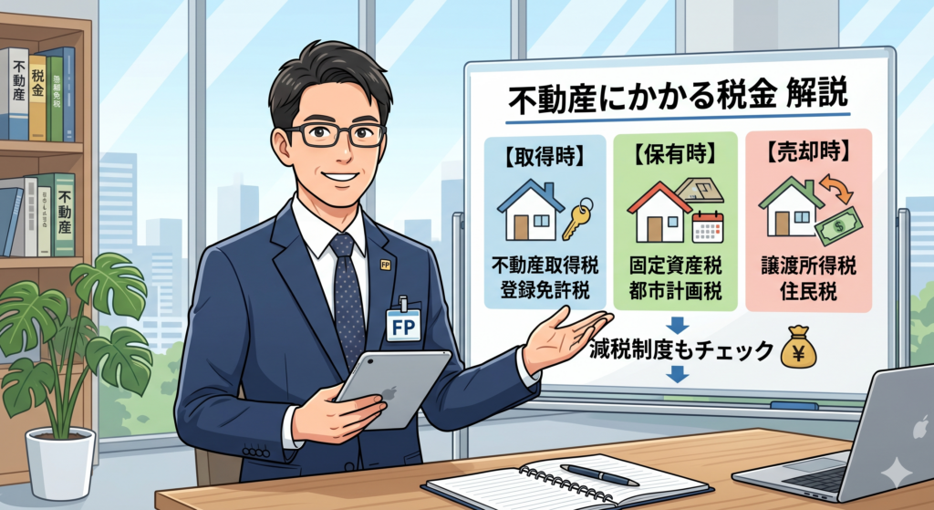 不動産にかかる税金について説明する 男性 FP