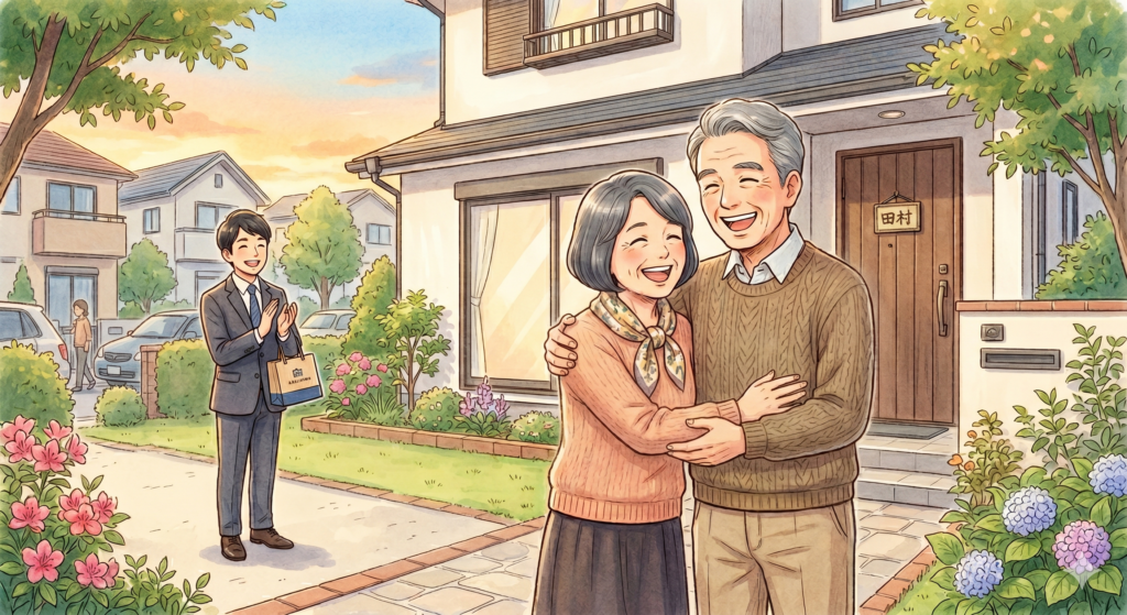 不動産の売却がうまくいき、喜びを分かち合うご夫婦。不動産屋の営業マンが後ろの方で拍手をしている。