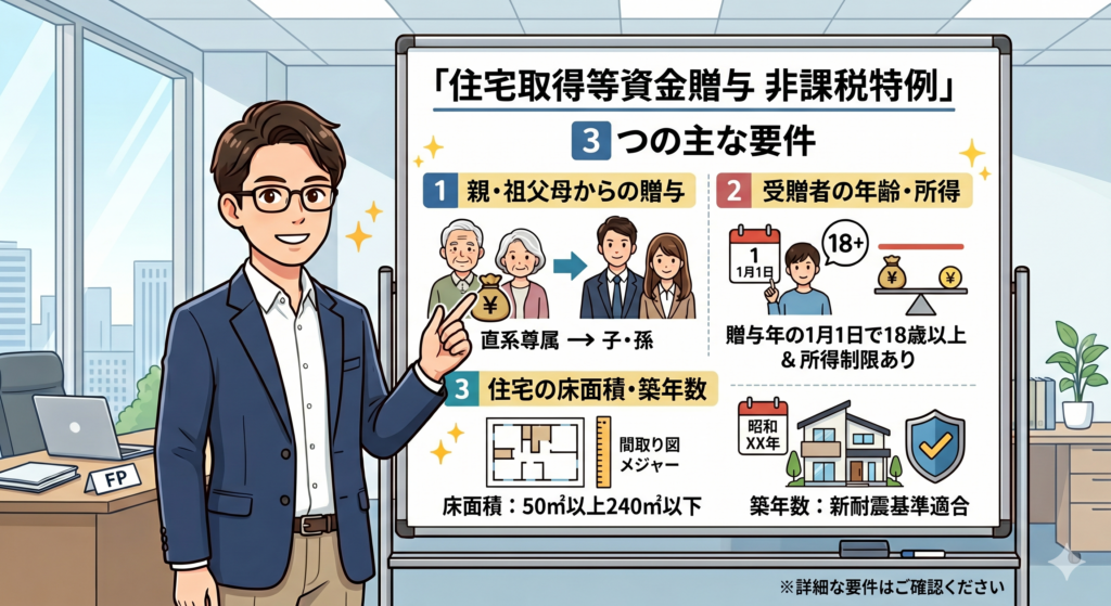 住宅取得等資金贈与の非課税特例を受けるための3つの主な要件について説明する FP
