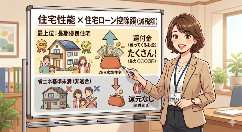 住宅性能に応じた住宅ローン控除額の違いを説明するFP
