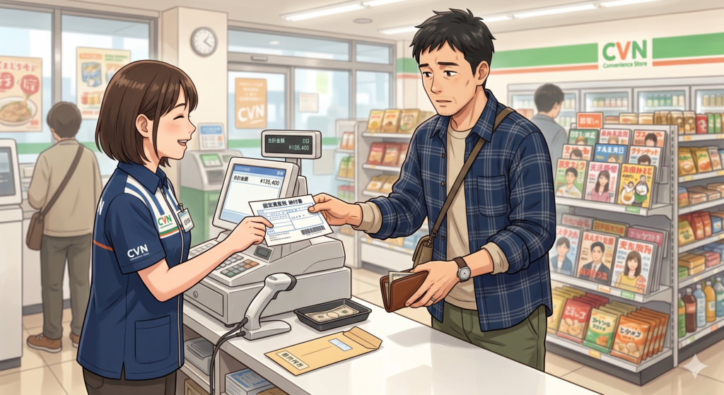 コンビニで自宅の固定資産税を払う40代の男性