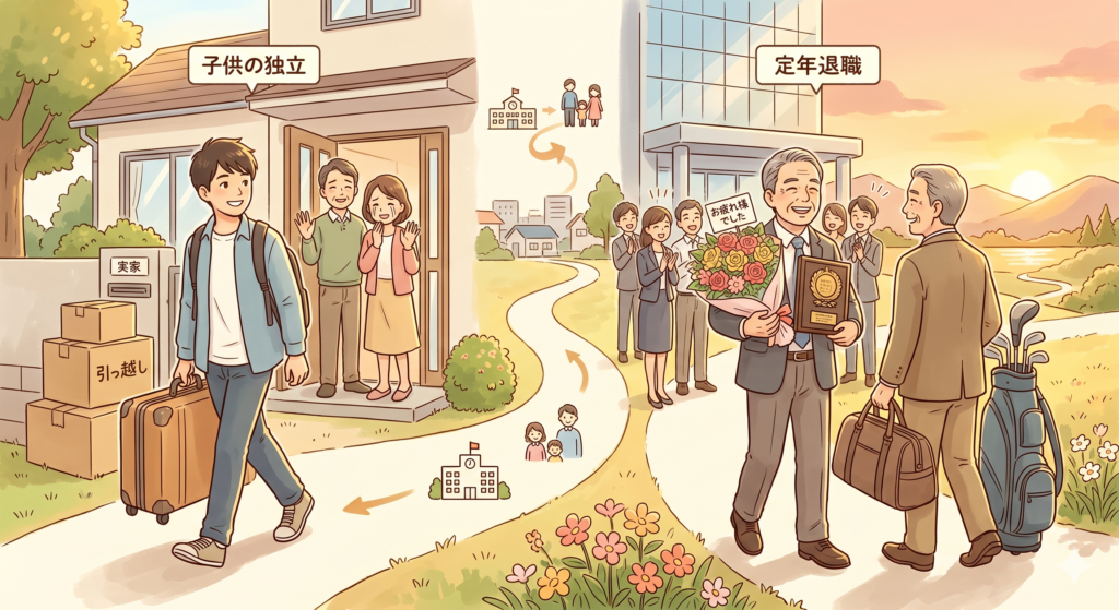子供の独立や定年退職などのライフイベントを表現するイラスト