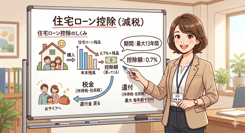 住宅ローン控除の仕組みを説明する女性FP
