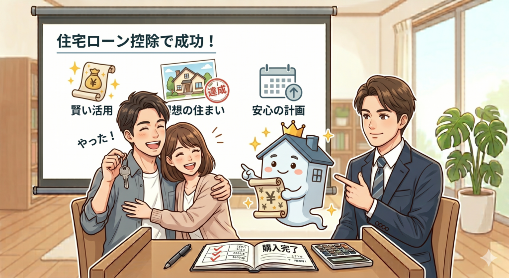 住宅ローン控除を利用して賢くマイホームを購入することができたことを喜ぶご夫婦と男性 FP