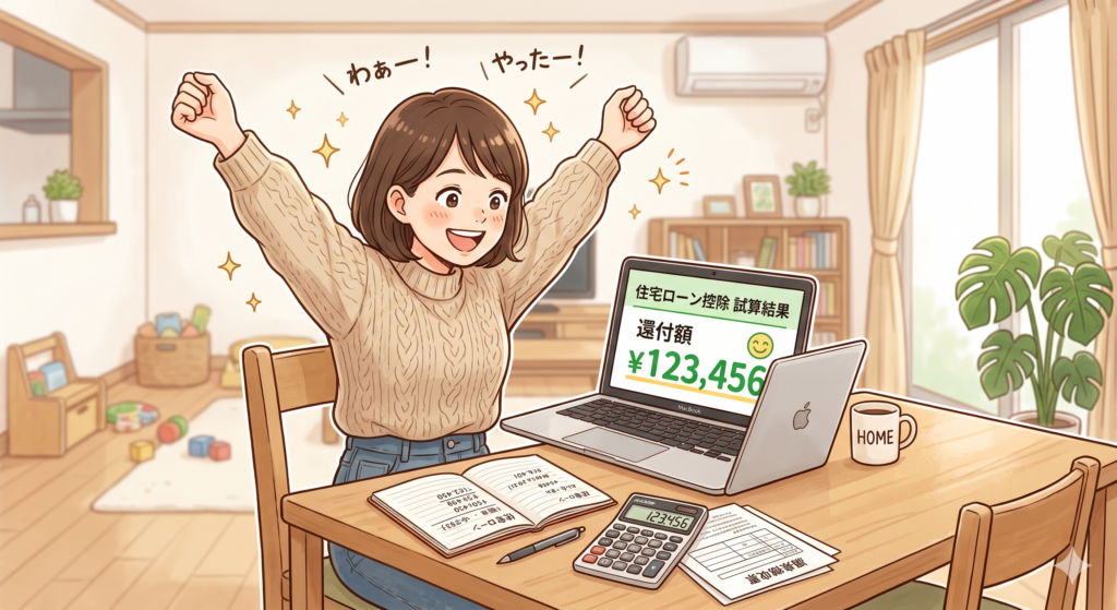 住宅ローン控除で還付される金額を計算してみた結果を見て喜ぶ女性