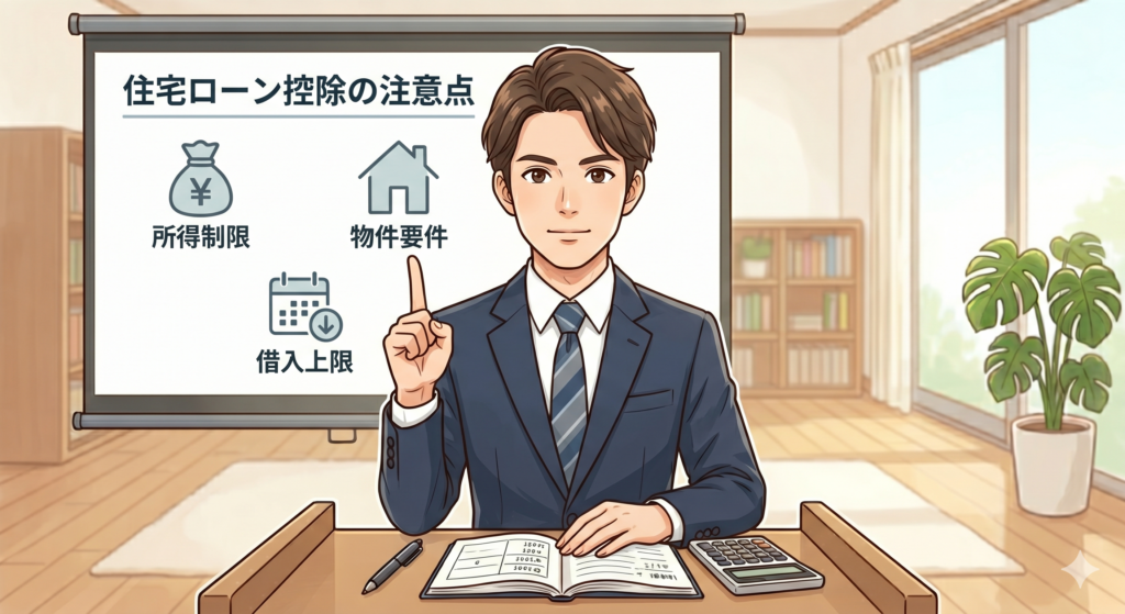 住宅ローン選び及び住宅ローン控除についての注意点を解説する男性 FP