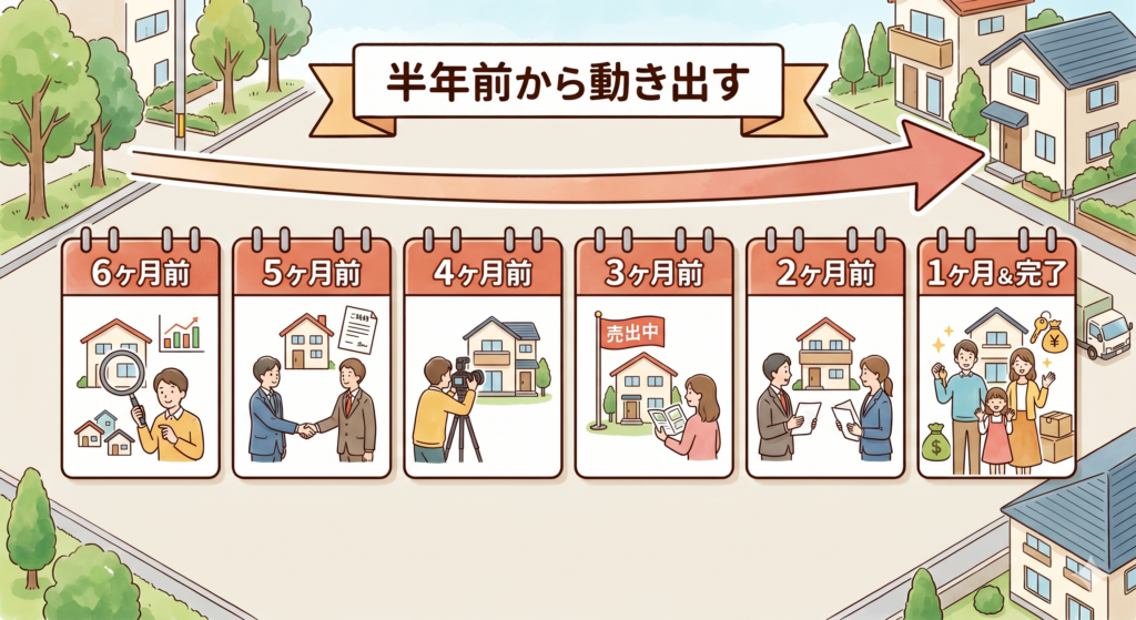 家を売却する際のスケジュール感を示したイラストで少なくとも半年前から動き出すべきことを表しているもの