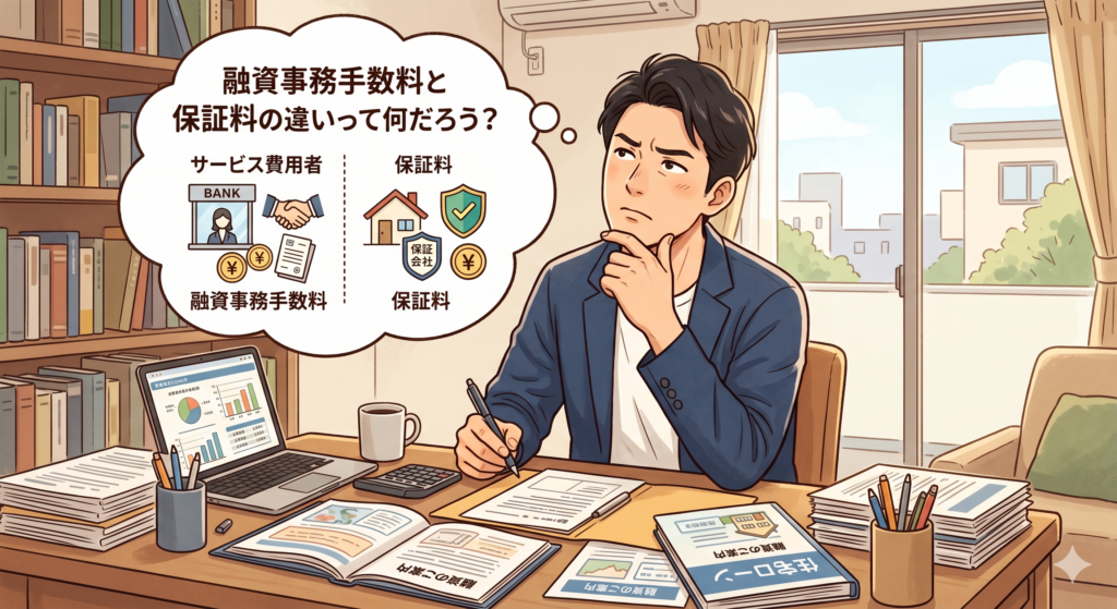 融資事務手数料と保証料は何が違うんだろうと考える男性
