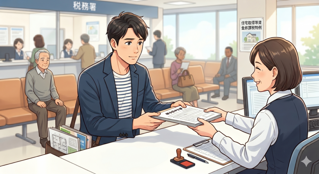 住宅取得等資金贈与の非課税特例を受けるために贈与税の申告をする男性