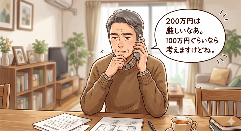 購入希望者からの200万円の指値に対して100万円ぐらいなら検討の余地があることを電話で営業マンに告げる不動産の売主さん
