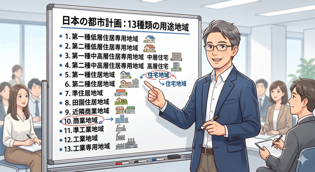 13種類の用途地域について説明する男性 FP
