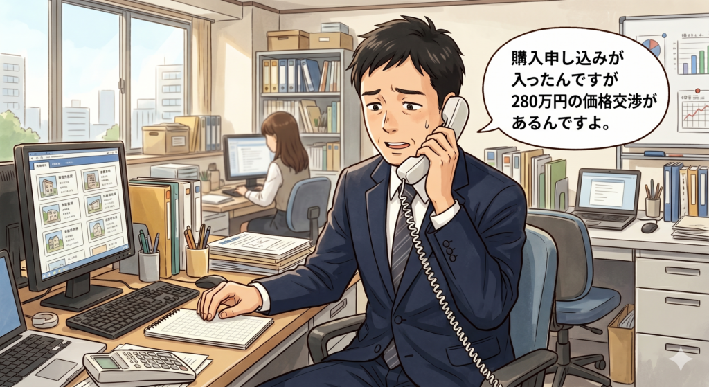 売主に電話で不動産の購入申し込みがあったものの、280万円の指値があることを告げる不動産屋の営業マン