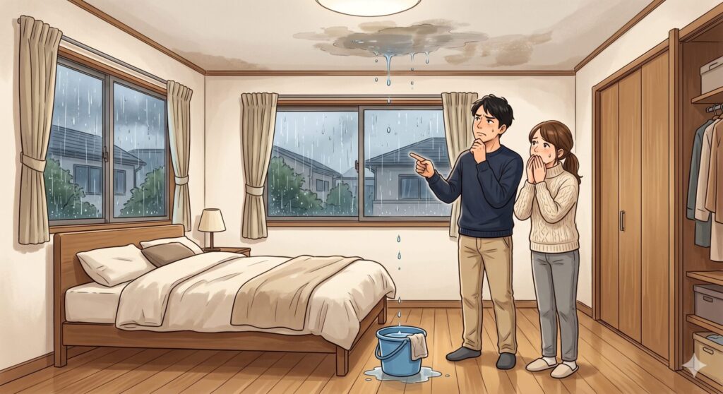 戸建ての2階の寝室で雨漏りしている様子
