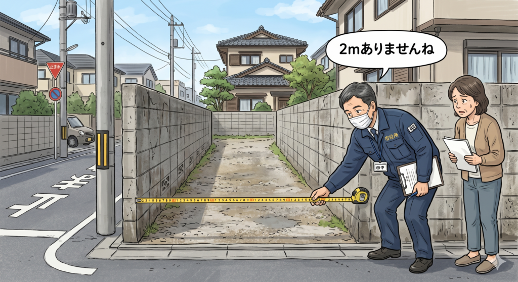 建物敷地が接道義務を満たしているかどうかを判定する市役所の職員。2mないと宣言しているので再建築はできない。