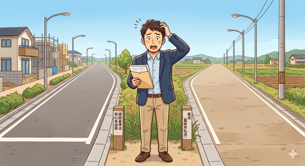 建築基準法上の道路と農道を目の前にして、その違いがわからず、頭を抱える30代の男性