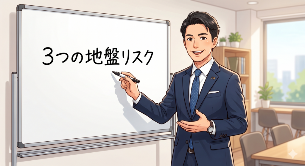 3つの地盤リスクについて説明しようとしている40代の男性 FP