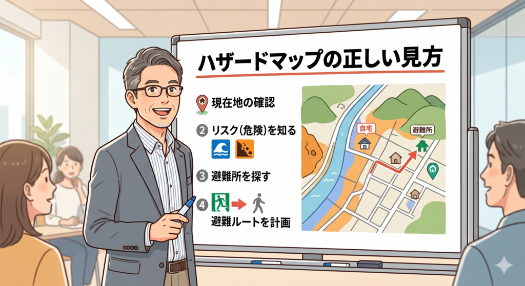 ハザードマップの正しい見方について解説する50代の男性 FP