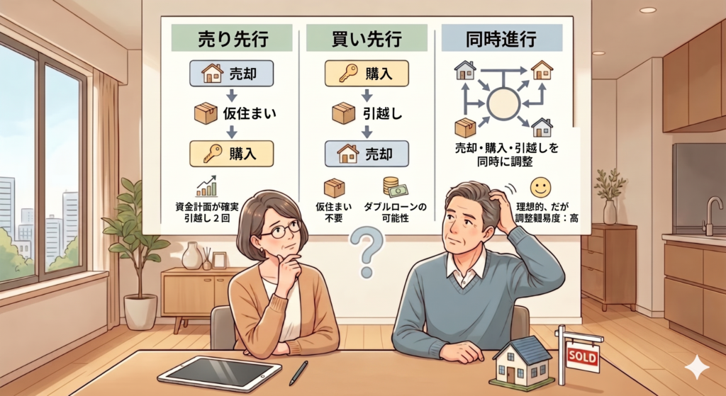 買い替えに際して売り先行、買い先行、同時進行の3つのうちどれを選ぶべきかを考えている50代のご夫婦