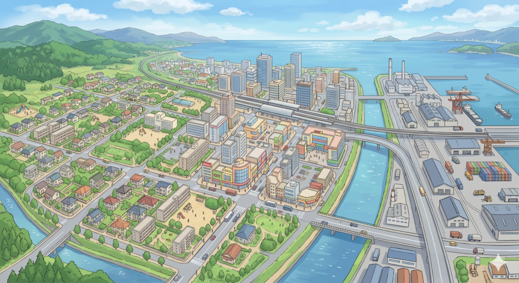 住居系、商業系、工業系の用途地域の区分がしっかりとなされている街並みを上空から見た風景