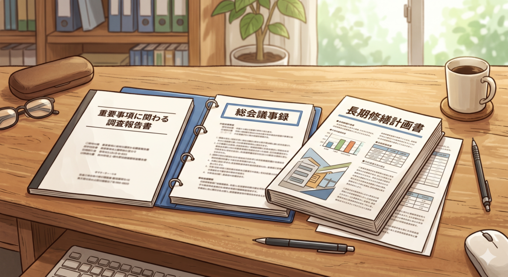 重要事項に関わる調査報告書と総会議事録と長期修繕計画書が3つ机の上に並んでいる