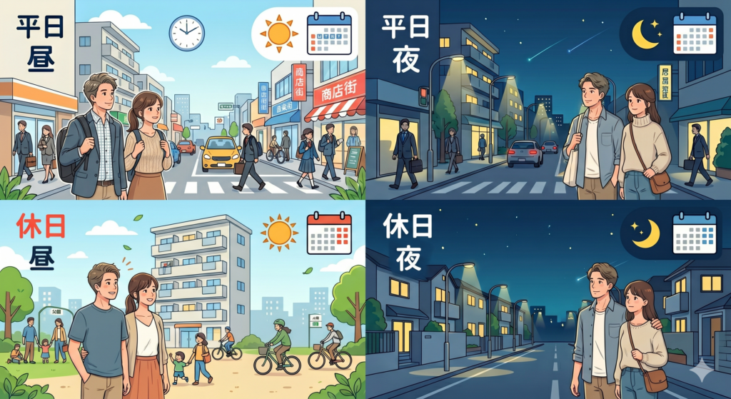 物件の内覧は昼と夜、平日と休日、それぞれを比較するように行うことが大切であることを伝えるイラスト