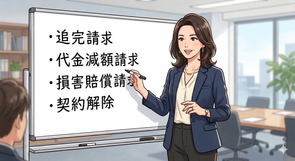 売主に対する契約不適合責任の追求手段として追完請求・代金減額請求・損害賠償請求・契約解除の4つの方法があることを説明する女性FP