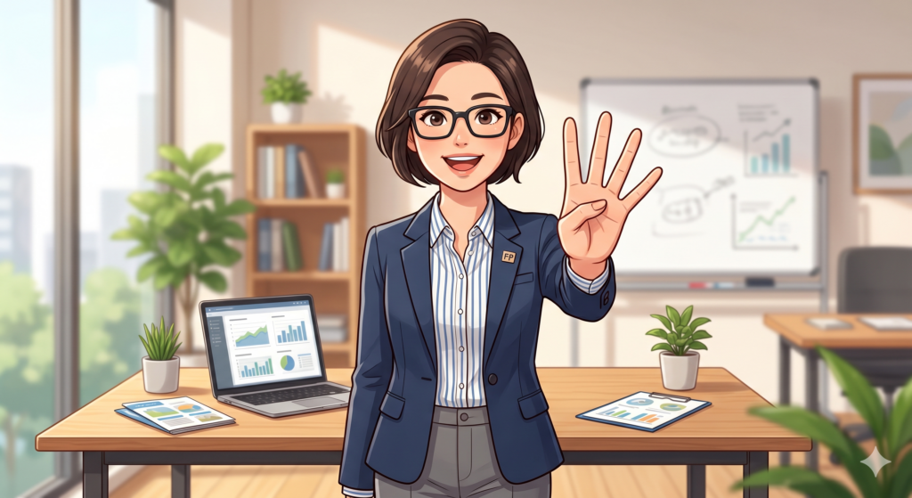 インスペクションには4つのメリットがあることを伝える30代の女性 FP。