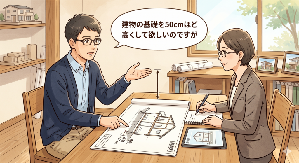 水害対策の一環として建物の基礎を50cm ほど高くしてほしいと建築士に申し出る30代の男性