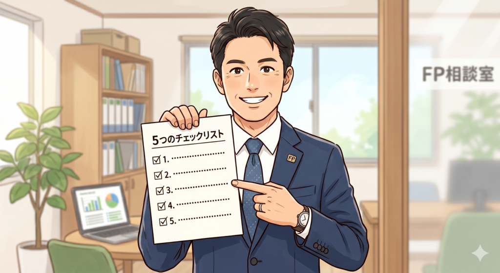 良い不動産屋の担当者を見極める5つのチェックリストを掲げる 男性 FP