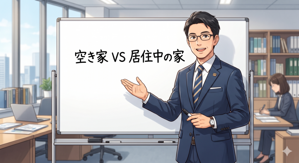 不動産の売却に際して空き家と居住中の家、どちらが有利になりやすいかを解説する男性のファイナンシャルプランナー