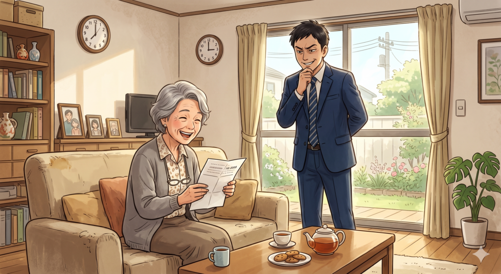 高額な査定結果に喜ぶお客さんを見て「引っかかったな」とでも言いたげにほくそ笑む不動産屋の営業マン