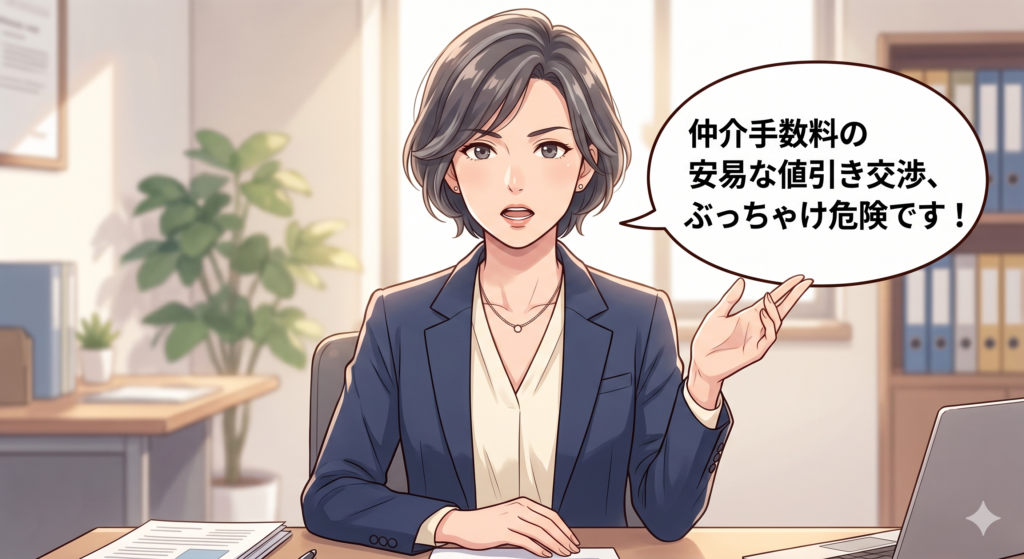 仲介手数料の安易な値引き交渉は逆に経済的な損失を招きかねないことを忠告する女性 FP