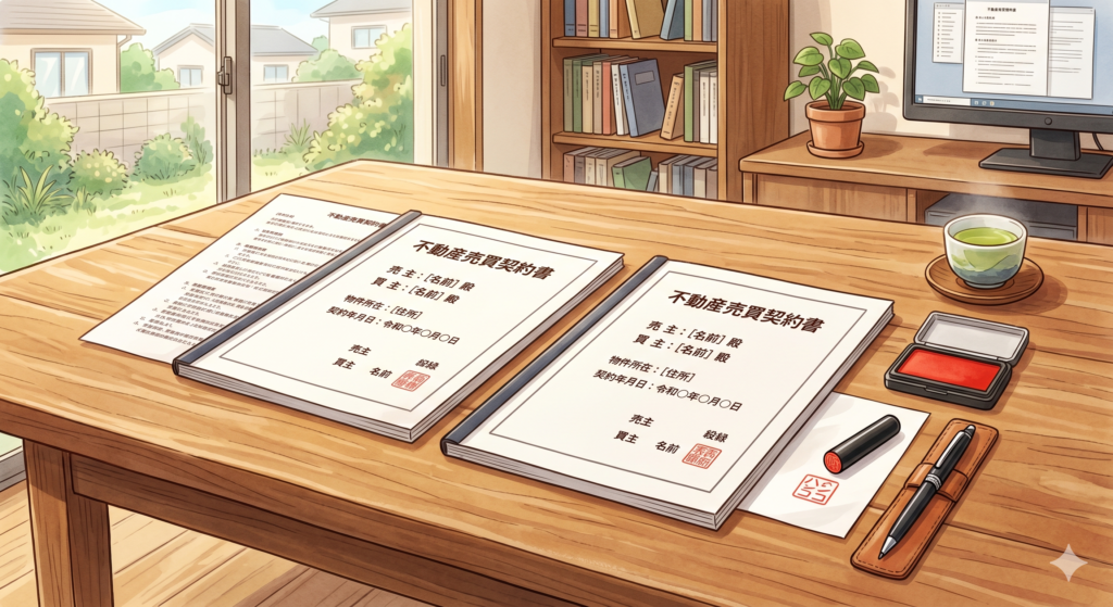 机の上に置かれている2通の不動産売買契約書