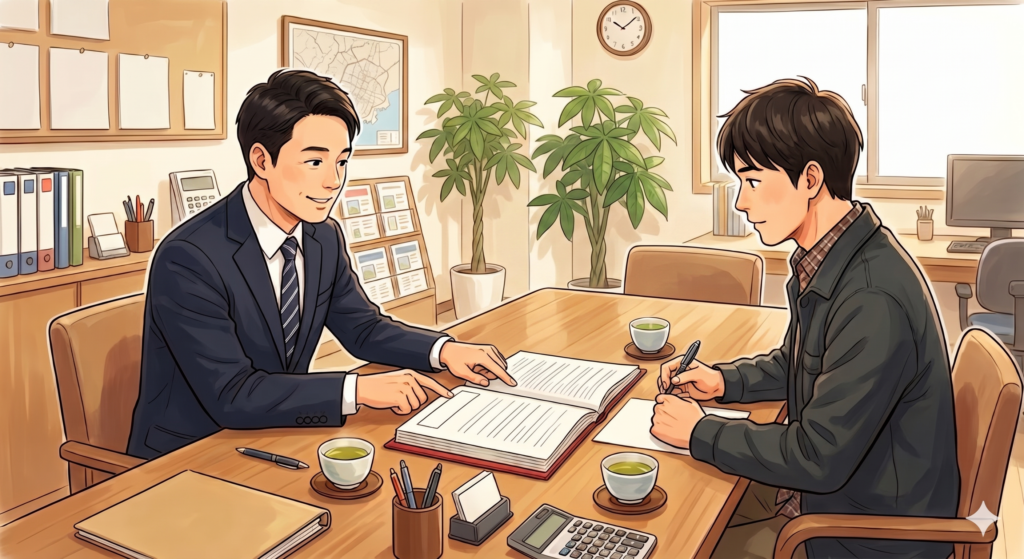 不動産の買主と売買契約書の読み合わせを行う不動産屋の営業マン