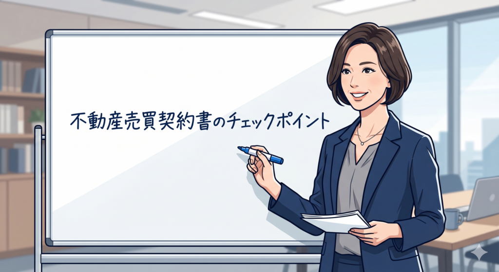不動産売買契約書のチェックポイントを説明する40代の女性 FP