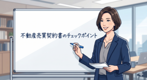 不動産売買契約書のチェックポイントを説明する40代の女性 FP