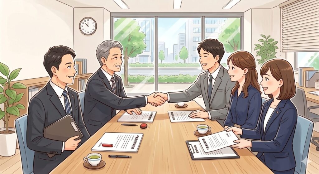 不動売買契約、当日の様子。売主と買主が握手を交わしている