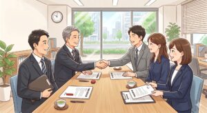 不動売買契約、当日の様子。売主と買主が握手を交わしている