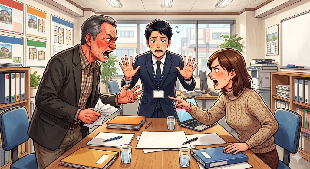 不動産売買契約について生じたトラブルを巡って激しく言い争う売主と買主