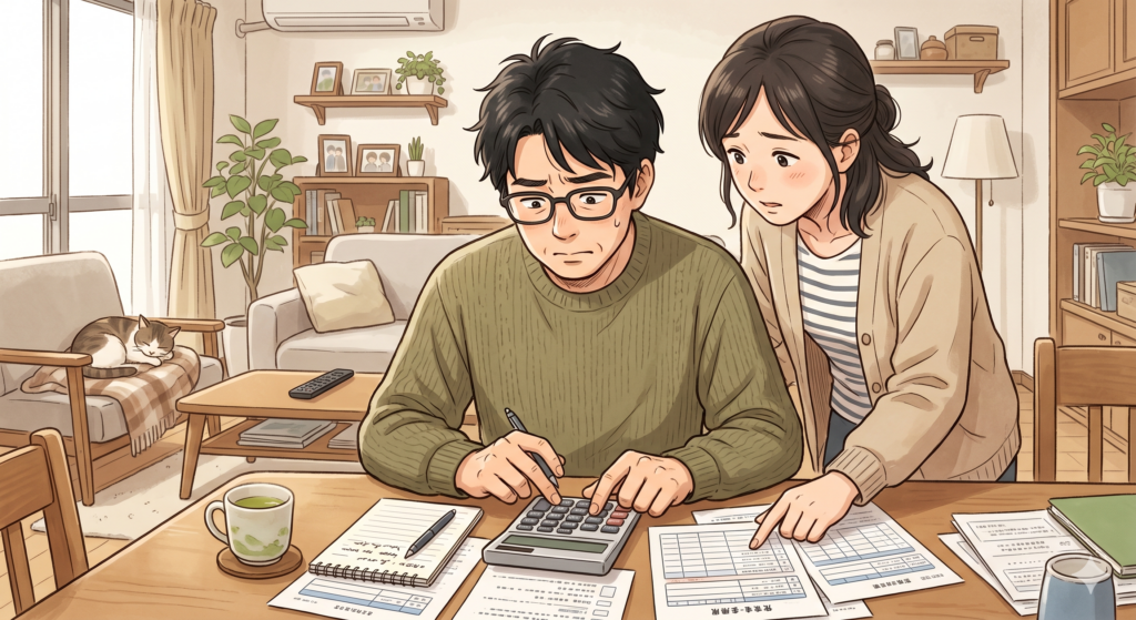 不動産売却費用が総額いくらになるのか必死になって計算する売主さんご夫婦