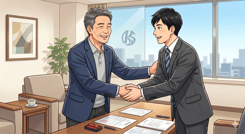 不動産売却の結果に大いに満足し、担当営業マンと固く握手する売主