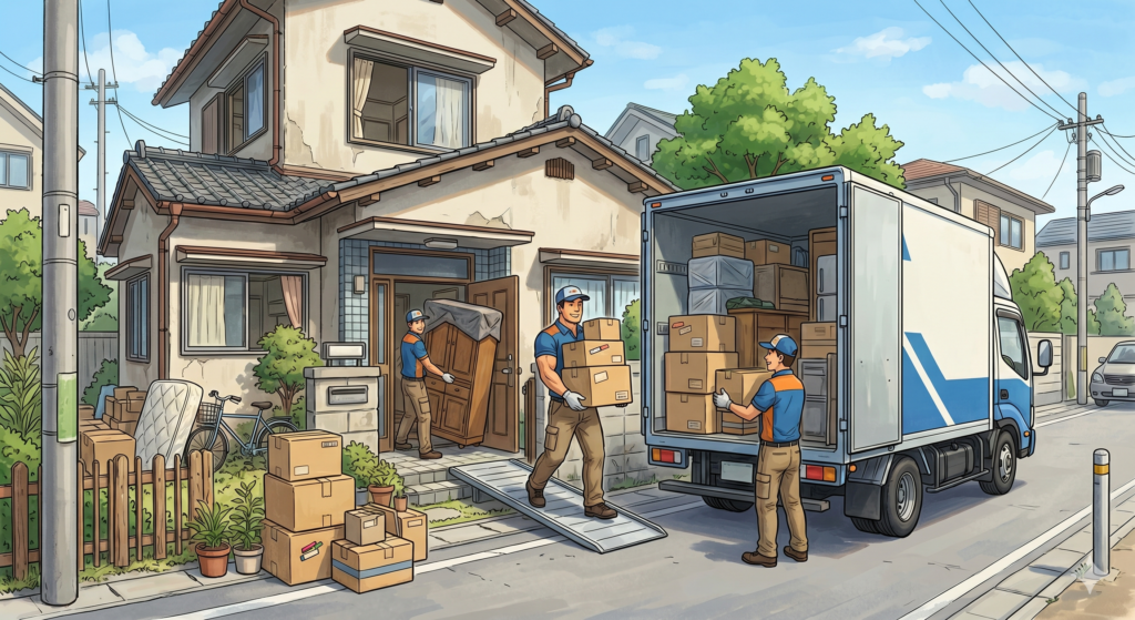 不動産売却後の引っ越しの様子。引っ越し屋の従業員が家から荷物を運び出している。
