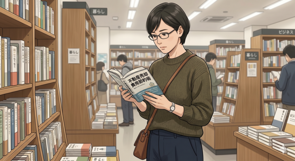 書店で「不動産売却費用節約術」という本を立ち読みする女性