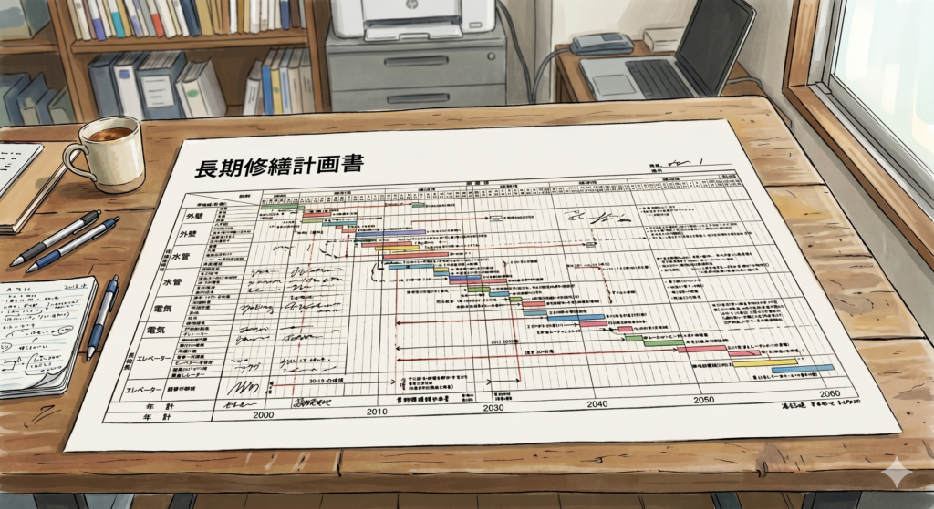 机の上に置かれたマンションの長期修繕計画書