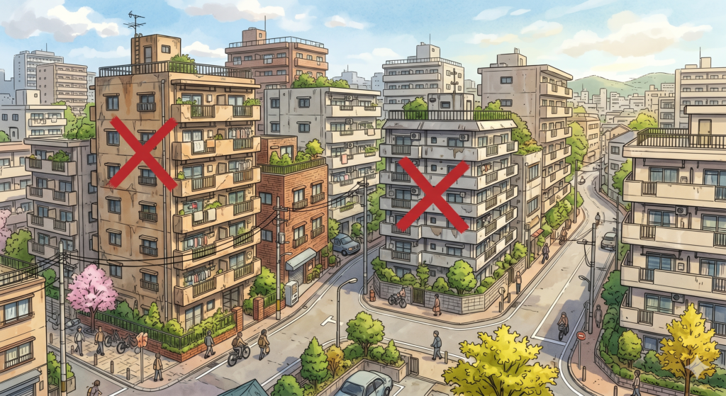 マンション群の中に赤のバツ印がついた買ってはいけない中古マンションがいくつか存在している風景