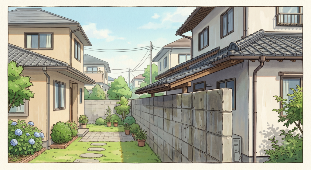隣の家の屋根が塀を越えてこちらの敷地に越境してきている図