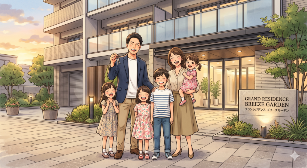 管理の質をしっかりと見極めて、資産価値の高いマンションの購入に成功したご家族がマンションの前で記念撮影している