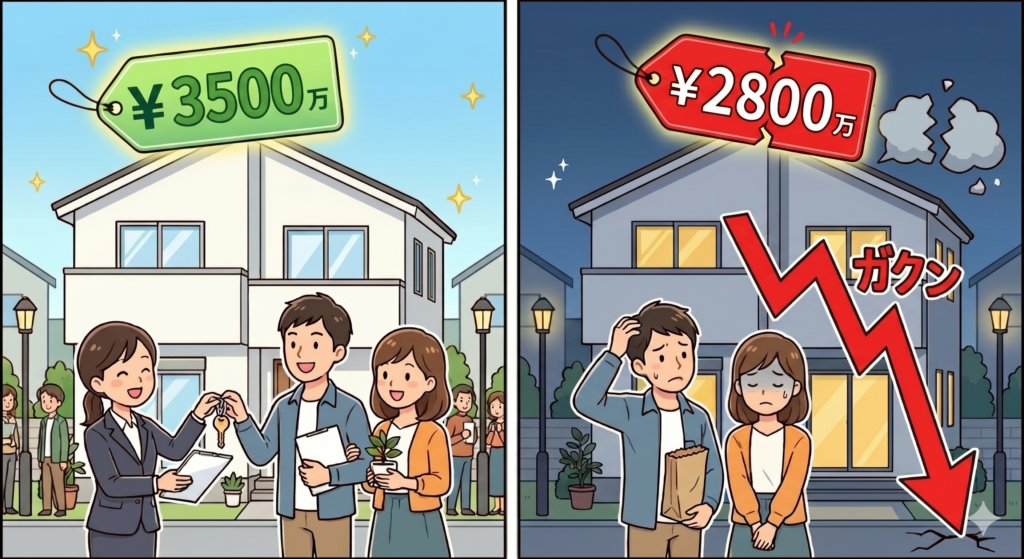 リフォーム済み物件を購入した際に含み損が生じることを説明したイラスト。3500万円で購入したリフォーム済み物件の価格がすぐに2800万円に下落している